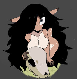 animal_skull anthro big_breasts black_hair bone breasts brown_ear_tips collarbone dipstick_ears ear_markings eyelashes female female_anthro fingers front_view fur grass grey_background hair hair_over_eye long_hair markings multicolored_body multicolored_ears multicolored_fur nude nude_anthro nude_female one_eye_obstructed plant pose simple_background skull solo tail tan_body tan_fur white_sclera xarop77 deer mammal 2025 digital_drawing_(artwork) digital_media_(artwork) hi_res pinup portrait