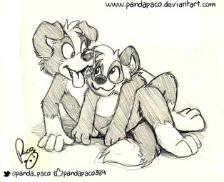 anthro closed_smile dipstick_tail duo floppy_ears glistening glistening_eyes gloves_(marking) leg_markings logo male markings mouth_closed open_mouth open_smile simple_background smile socks_(marking) tail tail_markings text young young_anthro young_male pandapaco parinton roni_(imroni) bear border_collie canid canine canis collie domestic_dog giant_panda herding_dog mammal pastoral_dog sheepdog artist_logo monochrome signature sketch url