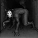 ambiguous_gender anthro black_body black_fur black_hair bone digitigrade fur hair hallway lightswitch looking_at_viewer nude open_mouth skull skull_head smile solo tail teeth tongue white_eyes hyenamexa scp_foundation scp-1471 scp-1471-a canid canine mammal monster digital_media_(artwork)