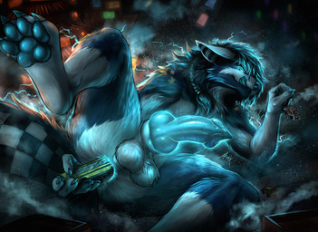 abs anal anal_masturbation animal_genitalia anthro blue_body blue_fur canine_genitalia city_crushing city_destruction destruction dreadlocks electricity electricity_manipulation elemental_manipulation fur genitals glowing glowing_eyes knot masturbation pecs vehicle_insertion azhax canid canine canis mammal wolf hi_res