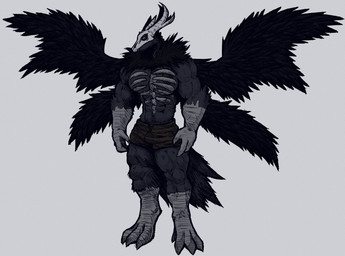 2_horns 4_toes 4_wings 5_fingers abs anthro barazoku biceps big_muscles biped black_body black_eyes black_fur black_hair black_sclera black_tail blue_body body_hair bone bottomwear bulge claws clothed clothing feathered_wings feathers feet fingers fur glowing glowing_eyes hair horn looking_at_viewer male manly markings multi_wing muscular muscular_anthro muscular_male muscular_thighs open_bottomwear open_clothing pants paws pecs pose pubes shadow_owl shirt simple_background skeleton skull skull_head small_clothing solo spots standing tail tan_body tan_fur teeth text thick_thighs tight_clothing toes topless topwear wings jwbash mythology avian bird canid canine canis demon mammal monster mythological_canine mythological_creature owl skull_wolf skulldog_(species) werecanid werecanine werecreature werewolf wolf absurd_res hatching_(art) hi_res shaded