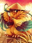 abstract_background ambiguous_gender blue_eyes clothing conical_hat feral grass hat headgear headwear plant semi-anthro solo aishishi nintendo pokemon archeops fossil_pokemon generation_5_pokemon pokemon_(species) 3:4