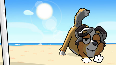 anthro beach cloud detailed_background female fluffy fluffy_tail long_ears looking_at_viewer sand sky sky_background smile solo stretching summer sun tail water zankandreas bluey_(series) calypso_(bluey) australian_shepherd canid canine canis domestic_dog herding_dog mammal pastoral_dog sheepdog 16:9 4k absurd_res hi_res widescreen