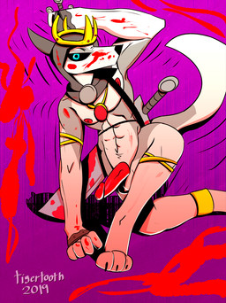 angry anthro balls blood bodily_fluids circumcised crown dagger fantasy flaccid fur genitals headgear holding_melee_weapon holding_object holding_sword holding_weapon hood humanoid_genitalia humanoid_penis insane jewelry king looking_at_viewer male melee_weapon muscular muscular_anthro muscular_male nipples nude penis royalty simple_background solo sword weapon tigertooth canid canine canis domestic_dog husky mammal nordic_sled_dog spitz 2019 digital_media_(artwork) hi_res