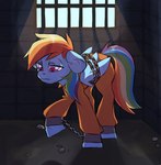 equid equine female feral friendship_is_magic hasbro hi_res horse light looking_down mammal my_little_pony mythological_creature mythological_equine mythology pegasus pink_eyes pony prison prison_bars prison_cell prison_uniform prisoner rainbow_dash_(mlp) rock sad solo sunlight twi_sfw wings