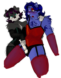 andromorph andromorph/female anthro arm_around_shoulders blue_body blue_fur blush body_hair bodysuit chest_hair clothed clothing corset crossdressing duo embarrassed female feminization forced forced_feminization fur grey_body grey_fur humiliation intersex intersex/female latex latex_clothing legwear lingerie multicolored_body multicolored_fur over_clothes sex_toy skinsuit stockings tight_clothing topwear vibrator wand_vibrator iambdacore missysissy valleyos callan_dion tavin_lowell canid canine canis domestic_dog felid lion mammal pantherine schnauzer digital_drawing_(artwork) digital_media_(artwork) hi_res shaded trans_(lore) trans_man_(lore) trans_woman_(lore)