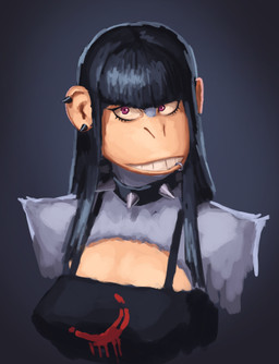 alternative_fashion anthro bangs black_hair clenched_teeth clothing collar ear_piercing eyeliner facial_piercing female fur goth grey_body grey_fur hair lip_piercing lip_ring long_hair makeup piercing purple_eyes ring_piercing shirt simple_background solo spiked_collar spikes tank_top teeth topwear redustheriotact beth_(redustheriotact) haplorhine mammal monkey primate 2022 absurd_res bust_portrait hi_res portrait