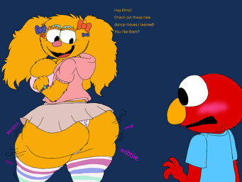 aged_up anthro big_breasts big_butt bottomwear bracelet breasts butt clothing dancing duo female fur hip_sway huge_butt jacket jewelry leggings legwear long_pigtails male male/female orange_body orange_fur panties presenting red_body red_fur skirt smile topwear underwear spritemountaindew_(artist) pbs sesame_street elmo_(sesame_street) zoe_(sesame_street) monster 4:3 alpha_channel hi_res
