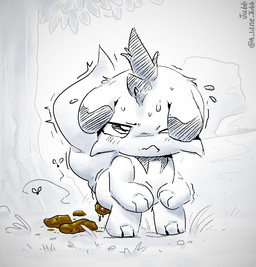 ambiguous_gender anthro bodily_fluids crouching ears_down feces feces_on_ground forest forest_background frown grass nature nature_background one_eye_closed pivoted_ears plant pooping pooping_on_grass raised_tail shaking simple_background solo straining sweat sweatdrop tail text tree wavy_mouth white_background jubb palworld pocketpair arthropod depresso fly_(animal) insect pal_(species) 2024 artist_name