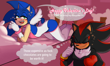 anthro armwear bed bedroom_eyes black_body black_fur blue_body blue_fur blush bodysuit box box_of_chocolates candy chocolate clothed clothing container costume cupid_costume dessert dialogue duo elbow_gloves femboy food footwear fur furniture gloves hair half-closed_eyes handwear heart_symbol holding_box holding_container holding_object holidays male male/male narrowed_eyes on_bed seductive shoes skinsuit smile speech_bubble tail text thought_bubble tight_clothing ggs_busyrn sega sonic_the_hedgehog_(series) valentine's_day shadow_the_hedgehog sonic_the_hedgehog eulipotyphlan hedgehog mammal absurd_res digital_media_(artwork) english_text hi_res