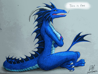 anthro blind blind_eye blue_body blue_scales breasts crossed_arms crossed_legs crosslegged_pose curvy_horns disability female medium_breasts nipples non-mammal_breasts non-mammal_nipples nude_anthro scales solo speech_bubble text ventral_scales dniprodragon mythology esmira dragon mythological_creature mythological_scalie scalie absurd_res english_text hi_res