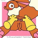 ambiguous_gender blush brown_body brown_fur embarrassed female feral fur genitals hand_on_butt looking_back lying pawpads pussy solo sploot stretched_anus theenyface nintendo pokemon eevee generation_1_pokemon pokemon_(species) 1:1