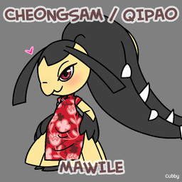 2_toes 3_fingers anthro asian_clothing black_body black_clothing black_dress blush brown_text chinese_clothing chinese_dress clothed clothed_anthro clothed_female clothing dress east_asian_clothing feet female female_anthro fingers grey_background half-closed_eyes heart_symbol mouth_closed multicolored_body multicolored_clothing multicolored_dress narrowed_eyes pink_clothing pink_dress pupils red_clothing red_dress red_eyes sharp_teeth short_sleeves simple_background solo standing teeth text toes two_tone_body yellow_body cubby_chambers nintendo pokemon generation_3_pokemon mawile pokemon_(species) 1:1 2025 artist_name english_text