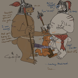 animal_genitalia armor bdsm big_penis bodily_fluids bondage bottomwear bound clothing cum cum_in_mouth cum_inside cum_on_penis dialogue drooling forced genital_fluids genitals group hair headgear helmet loincloth male male/male melee_weapon muscular neck_bulge onomatopoeia penis polearm punishment saliva saliva_string scar size_difference slightly_chubby sound_effects spear tail text trio weapon wet wet_penis bronzebadger badger bear brown_bear canid canine fox grizzly_bear mammal mustelid musteline polar_bear ursine low_res