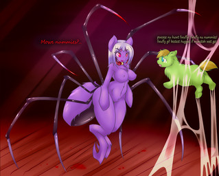 4_eyes ambiguous_feral ambiguous_gender anthro arthropod_abdomen baby_talk beady_eyes bodily_fluids breasts brown_hair brown_tail collar collar_only crying dialogue duo eye_contact female female_anthro feral fur genitals green_body green_fur hair imminent_vore lipstick looking_at_another makeup monotone_body monotone_fur multi_eye nipples nude nude_anthro nude_female open_mouth open_smile pink_lipstick purple_body purple_fur purple_hair quadruped red_collar red_eyes smile spider_web standing stuck tail teal_eyes tears text vulva odyssey_of_noises fluffy_pony arachnid arthropod fluffy_pony_(species) hybrid mammal spider digital_media_(artwork) english_description english_text intralingual_translation shaded soft_shading