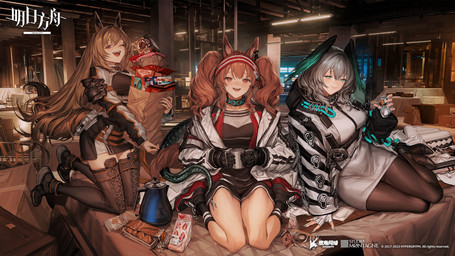 belt black_clothing black_gloves black_handwear breasts brown_hair cake clothing container cup dessert detailed_background female food footwear gloves grey_hair grocery_bag group hair handwear holding_container holding_cup holding_object inside jacket kettle kneeling legwear looking_at_viewer oripathy_lesion pantyhose photo_background pigtails pouch_(clothing) shoes smile stockings tail topwear lm7_(op-center) arknights hypergryph studio_montagne angelina_(arknights) ceobe_(arknights) ho'olheyak_(arknights) animal_humanoid canid canid_humanoid humanoid mammal mammal_humanoid reptile reptile_humanoid scalie scalie_humanoid 16:9 2023 digital_media_(artwork) hi_res mixed_media official_art photography_(artwork) widescreen