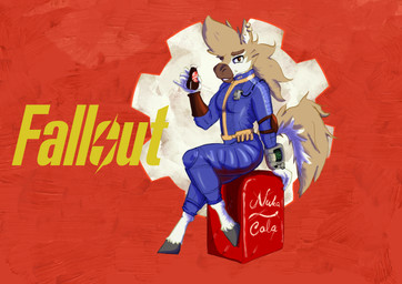 anthro brown_body clothing cloven_hooves ear_piercing hooves leather leather_clothing male nuka-cola piercing pip-boy solo vault_suit belsmdog bethesda_game_studios fallout microsoft belu_miranda_(character) vault_boy equid equine horse mammal absurd_res hi_res