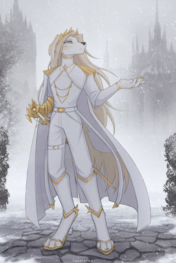 anthro blonde_hair blue_eyes castle cloak clothing fur gold_(metal) gold_gloves gold_jewelry golden_claws hair jewelry male melee_weapon plant shrub snow solo stone_floor sword tree weapon white_body white_cloak white_clothing white_fur if-fi lord_avel_(quetzrow) canid canine canis domestic_dog hunting_dog mammal saluki sighthound hi_res