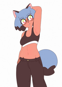 anthro biped black_bottomwear black_clothing black_jeans black_pants blue_hair bottomwear bra breasts cleavage clothed clothing denim denim_bottomwear denim_clothing dipstick_tail facial_markings female hair hand_behind_head hand_in_pocket head_markings jeans markings mask_(marking) midriff navel open_mouth orange_body pants pockets presenting_armpit raised_arm simple_background small_breasts solo sports_bra standing tail tail_markings underwear white_background oddity27 brand_new_animal studio_trigger michiru_kagemori canid canine mammal raccoon_dog tanuki 2026 digital_media_(artwork) hi_res portrait three-quarter_portrait