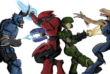 3_fingers 4_fingers angry anthro arm_quills back_to_back brown_eyes brown_hair digitigrade energy_sword energy_weapon eye_contact female fingers frown full_armor fur grey_body grey_fur group gun hair holding_gun holding_melee_weapon holding_object holding_ranged_weapon holding_shotgun holding_sword holding_weapon larger_humanoid larger_male looking_at_another male mandibles marines melee_weapon orange_quills plasma_rifle pupils ranged_weapon scowl shootout shotgun size_difference slit_pupils smaller_female smaller_human spiker_(halo) spurs_(anatomy) standing sword tan_body weapon yellow_eyes cugu00 halo_(series) microsoft xbox_game_studios alien human humanoid jiralhanae kig-yar mammal ruuhtian sangheili scalie colored hi_res