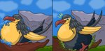 abdominal_bulge ambiugous_prey avian_feet beak blue_body blue_feathers countershading crop_bulge feathered_wings feathers feral feral_pred larger_pred orange_body tail tail_feathers vore wings yellow_body yellow_feathers delimervparandor nintendo pokemon skua_(gyro) avian bird generation_9_pokemon kilowattrel pokemon_(species) absurd_res hi_res