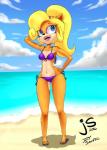 anthro beach bikini blonde_hair blue_eyes clothing cloud detailed_background eyeshadow female footwear fur hair hand_on_hip lipstick looking_up makeup navel open_mouth orange_body orange_fur outside sand sandals seaside shoes sky smile solo swimwear two-piece_swimsuit jollysaunter activision crash_bandicoot_(series) coco_bandicoot bandicoot mammal marsupial absurd_res hi_res