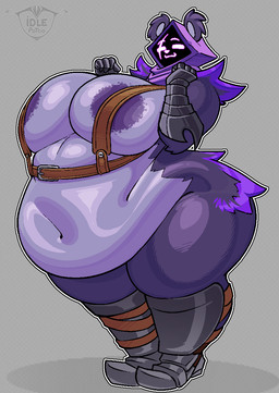 :3 anthro areola armor belly belly_overhang belly_rolls big_breasts black_boots black_clothing black_footwear black_gauntlets boots breasts brown_strap cat_smile clothing deep_navel ear_tuft empty_eyes eye_scar facial_scar female footwear fur gauntlets glistening glistening_areola glistening_arms glistening_belly glistening_body glistening_boots glistening_breasts glistening_clothing glistening_eyes glistening_footwear glistening_handwear glistening_legs glistening_shoulders glistening_thighs gloves glowing glowing_eyes grey_background handwear hood huge_breasts leg_tuft logo love_handles mostly_nude narrowed_eyes navel nipples outline overweight overweight_anthro overweight_female purple_areola purple_body purple_eyes purple_fur purple_nipples round_ears scar shadow_face shoes simple_background smile solo standing straps thick_thighs thigh_tuft three-quarter_view tuft white_outline idlepotoo epic_games fortnite raven_team_leader bear mammal aliasing artist_logo binary_drawing colored digital_drawing_(artwork) digital_media_(artwork) full-length_portrait portrait shaded signature
