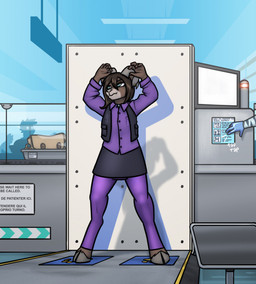 airport airport_scanner airport_security anthro clothing female gloves handwear hooves horn public solo text topwear vest krd bovid caprine mammal sheep 2025 english_text hi_res