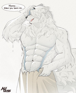5_fingers abs after_shower anthro black_nose dialogue ellipsis fingers fur hair hair_over_eyes male obscured_eyes open_mouth sharp_teeth simple_background solo speech_bubble talking_to_another teeth text tongue towel wet white_background auveiss matthew_graceford_(auveiss) canid canine mammal 2026 artist_name english_text hi_res