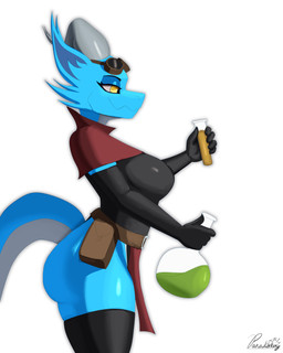 anthro armwear belt big_breasts big_butt blue_body bottomwear breasts butt clothed clothing countershading eyewear female goggles holding_object holding_vial horn legwear loincloth non-mammal_breasts simple_background skimpy solo tail thick_thighs thigh_highs white_body white_countershading yellow_eyes conditional_dnp paradoxing skye_(paradoxing) kobold scalie 2026 4:5 digital_media_(artwork) digital_painting_(artwork) hi_res painting_(artwork) signature