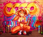 2020 activision anthro bandicoot beanie blonde_hair breasts clothed clothing coco_bandicoot crash_bandicoot_(series) crouching digital_media_(artwork) female footwear galacticmichi graffiti green_eyes hair hand_on_face hat headgear headwear holding_object looking_at_viewer mammal marsupial short_hair smile solo spray_can text totally_tubular_coco url