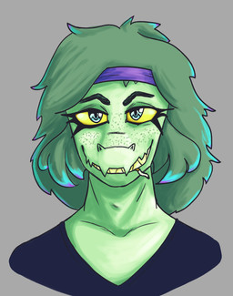 anthro blue_eyes cigarette cigarette_in_mouth clothed clothed_anthro clothed_female clothing eyelashes female freckled_face freckles front_view green_body green_hair grey_background hair long_eyelashes looking_at_viewer medium_hair narrowed_eyes object_in_mouth open_mouth purple_hairband shirt simple_background solo speckle_freckles teeth toothy_smile topwear yellow_sclera filiobtd cavemanon_studios i_wani_hug_that_gator olivia_halford baryonyx dinosaur prehistoric_species reptile saurischian scalie spinosaurid theropod bust_portrait colored hi_res portrait shaded