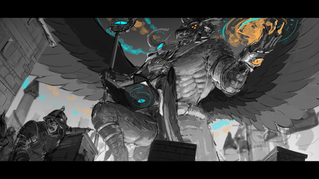 anthro armor beak black_bars book bottomwear city city_background claws clothing duo feathers female folded_wings gauntlets gesture gloves glowing hand_gesture handwear headdress jewelry loincloth macro magic male male/female multi_eye muscular muscular_male pointing pointing_at_another robe size_difference smaller_human spread_wings staff wings glewes warhammer_(franchise) aktalos ardrek chaos_daemon daemon_of_tzeentch human lord_of_change mammal 16:9 4k absurd_res hi_res letterbox widescreen