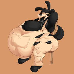 abdominal_bulge after_vore anthro anthro_pred belly belly_overhang big_belly bodily_fluids chair clothed clothed_anthro clothed_male clothing digestion footwear furniture gloves hand_behind_back hand_on_belly hand_on_own_belly handwear huge_belly looking_pleasured male male_anthro male_pred on_chair open_mouth oral_vore overalls patch_(fabric) patched_clothing saliva saliva_on_tongue saliva_string shoes simple_background sitting sitting_on_chair solo tail teeth thick_thighs tongue tongue_out torn_clothing vore weight_gain cr4zydonuts1 bendy_and_the_ink_machine boris_the_friendly_wolf canid canine canis mammal wolf 1:1 digital_drawing_(artwork) digital_media_(artwork) hi_res