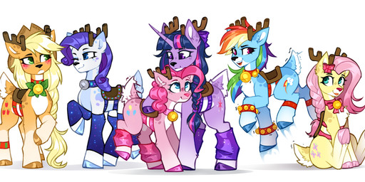 accessory after_transformation alternate_species antlers bell bell_accessory bell_bracelet bell_collar black_nose blonde_hair blue_body blue_eyes blue_fur blush bow_collar bow_ribbon braided_hair clothing collar countershade_face countershade_tail countershade_torso countershading cowboy_hat cutie_mark eyelashes female feral fur gem green_eyes group hair hair_accessory hair_bow hair_ribbon hat headgear headwear holidays hooves horn jingle_bell jingle_bell_collar legwear magenta_eyes markings mistletoe multicolored_hair one_eye_closed orange_body orange_fur pink_body pink_fur pink_hair pink_nose plant purple_body purple_eyes purple_fur purple_hair rainbow_hair red_nose ribbons saddle scut_tail short_tail silver_bell_(object) simple_background smile spots spotted_markings tail teal_eyes white_background white_body white_fur wink yellow_body yellow_fur buvanybu christmas friendship_is_magic hasbro my_little_pony applejack_(mlp) fluttershy_(mlp) pinkie_pie_(mlp) rainbow_dash_(mlp) rarity_(mlp) twilight_sparkle_(mlp) deer mammal new_world_deer reindeer 2025 absurd_res hi_res