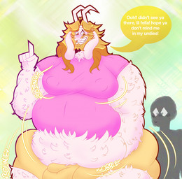 ambiguous_gender anthro balls_outline beard belly big_belly blonde_hair bulge crown detailed_bulge dialogue duo facial_hair genital_outline hair headgear horn male mature_male moobs nipple_outline obese obese_anthro obese_male overweight overweight_anthro overweight_male penis_outline size_difference text tenkagomenasai undertale_(series) asgore_dreemurr bovid caprine goat mammal hi_res