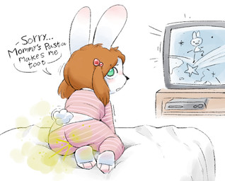 accessory anthro barefoot bed black_nose blush brown_hair butt clothing dialogue earth electronics fart fart_cloud feet female fur furniture green_eyes green_fart_cloud hair hair_accessory kneeling looking_at_viewer looking_back looking_back_at_viewer motion_lines on_bed open_mouth pajama_bottoms pajama_shirt pajamas pigtails pink_pajamas planet rabbit_ears red_hair_accessory scut_tail short_tail soles solo speech_bubble tail talking_to_viewer television text twintails_(hairstyle) white_body white_fur white_tail young young_anthro young_female jubb lagomorph leporid mammal rabbit 2025 english_text