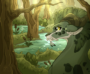day feral forest horn light male plant solo sunlight swamp tree water rin_chi mythology dragon mythological_creature mythological_scalie scalie
