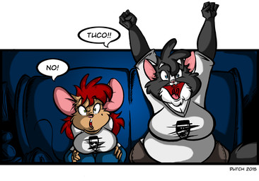 anthro belly big_breasts black_body black_fur bottomwear breasts buckteeth clothing duo female fur furniture hair markings mole_(marking) multicolored_body multicolored_fur open_mouth overweight overweight_anthro overweight_female pants red_hair shirt sitting sofa speech_bubble teeth text topwear two_tone_body two_tone_fur white_body white_fur dutch_(artist) misty_the_mouse misty_(dutch) whitney_(dutch) domestic_cat felid feline felis house_mouse mammal mouse murid murine rodent 2015 english_text