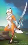 2013 absurd_res anthro antiander biped black_body black_fur black_nose breasts canid canine casual_nudity claws detailed_background digital_media_(artwork) digitigrade female fox fur genitals glaive gloves_(marking) grass hair hi_res hindpaw holding_object holding_weapon inner_ear_fluff long_hair mammal markings melee_weapon navel nipples nude orange_body orange_fur outside paws plant polearm pussy red_eyes rock shinome sky smile solo standing teeth toe_claws tuft weapon white_body white_fur white_hair