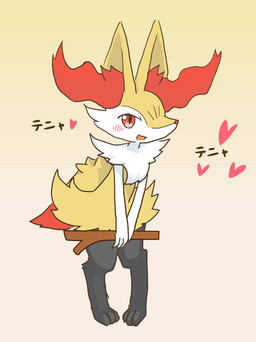 3_fingers 3_toes :3 ambiguous_anthro ambiguous_gender anthro arm_tuft biped black_body blush blush_lines cheek_tuft chest_tuft digitigrade dipstick_tail facial_tuft feet fingers flat_chested fluffy fluffy_tail front_view fur gradient_background heart_symbol hip_tuft holding_object holding_stick inner_ear_fluff leaning leaning_forward looking_at_viewer markings multicolored_body multicolored_fur nude_ambiguous nude_anthro open_:3 open_mouth open_smile orange_body orange_eyes orange_fur orange_inner_ear_fluff orange_nose orange_tail_tip pointy_ears prick_ears shoulder_tuft simple_background smile snout solo standing stick tail tail_markings text toes tuft two_tone_tail white_body white_fur yellow_body yellow_fur yellow_tail hurai_of_kaki nintendo pokemon braixen canid generation_6_pokemon mammal pokemon_(species) 2018 cel_shading colored digital_drawing_(artwork) digital_media_(artwork) full-length_portrait hi_res japanese_text portrait shaded translated