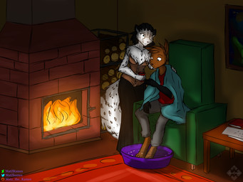 anthro barefoot bedding beverage black_hair blanket blue_eyes bottomwear breasts brown_hair chair chest_tuft clothed clothing cozy detailed_background duo feet female fire fireplace fully_clothed furniture hair holding_beverage holding_object inner_ear_fluff inside male on_chair pants partially_submerged shirt sitting sitting_on_chair smile standing topwear tuft matz_the_kames twokinds adira_riftwall jams_filtzroy caracal caracal_(genus) felid feline keidran mammal pantherine snow_leopard 4:3 absurd_res hi_res