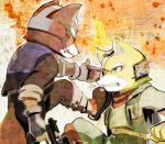 anthro black_nose canid canine clothing duo fox fox_mccloud jacket male mammal nintendo ruto_(pixiv) square_crossover star_fox topwear weapon