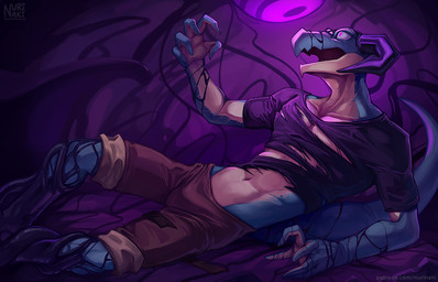 5_fingers anthro biped black_clothing black_shirt black_tentacles black_topwear blue_body blue_scales blue_tail bottomwear brown_bottomwear brown_clothing brown_shorts bulge clothed clothed_anthro clothed_male clothing curved_horn fingers goo_tentacles horn hypnosis logo looking_up lying male male_anthro midriff mind_control multicolored_body multicolored_scales navel non-mammal_navel on_back open_mouth purple_eyes scales shirt shorts solo tail tan_body tan_scales tentacles tentacles_around_legs text topwear torn_clothing torn_shirt torn_topwear two_tone_body two_tone_scales nurinaki grove_(game) mythology grove_(regalbuster) dragon mythological_creature mythological_scalie scalie wingless_dragon 2025 artist_logo artist_name digital_media_(artwork) digital_painting_(artwork) painting_(artwork) url