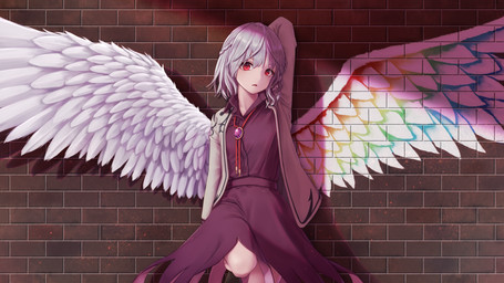 1_wing brick brick_wall clothed clothing dress feathered_wings feathers female graffiti grey_clothing grey_hair grey_jacket grey_topwear hair hand_behind_head jacket leaning_against_wall looking_at_viewer open_clothing open_jacket open_topwear purple_clothing purple_dress red_eyes solo topwear wall_(structure) white_wings wings torinari_(dtvisu) touhou sagume_kishin humanoid winged_humanoid 16:9 hi_res widescreen
