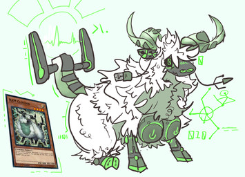 big_breasts breasts busty_feral card cybernetics female feral machine male plug sitting solo trading_card_game usb_cable woodhouse3d yu-gi-oh! bovid caprine cyberse cyborg digital_creature goat mammal robot sheep hi_res