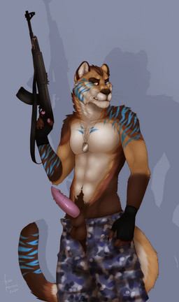 abs anthro army army_clothing army_outfit army_uniform balls biceps big_muscles big_pecs black_clothing black_fingerless_gloves black_gloves black_handwear blue_bottomwear blue_clothing blue_eyes blue_shorts bottomwear bottomwear_around_legs bottomwear_down bottomwear_pull brown_body brown_fur camo camo_bottomwear camo_clothing camo_print camo_shorts claws clothed clothing clothing_around_legs clothing_pull dog_tags erection fingerless_gloves fur genitals gloves growling gun handwear heterochromia holding_gun holding_object holding_ranged_weapon holding_rifle holding_shotgun holding_weapon intimidation looking_at_viewer male manly markings military military_clothing military_shorts military_uniform mismatched_eyes muscular muscular_anthro muscular_male open_bottomwear open_clothing open_shorts orange_eyes partially_clothed pattern_bottomwear pattern_clothing pattern_shorts pecs penis pink_penis pose presenting presenting_balls presenting_pecs presenting_penis pubes ranged_weapon rifle seducing_viewer seductive shadow shorts shorts_around_legs shorts_down shorts_pull shotgun showing_off_muscles soldier solo standing striped_body striped_fur striped_markings striped_tail stripes tail tail_markings thick_arms topless topless_anthro topless_male unbuttoned unbuttoned_shorts uniform warrior weapon fenn.perrox felid feline mammal pantherine tiger hi_res
