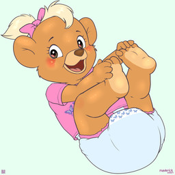 anthro biped black_nose blonde_hair brown_body brown_fur clothed clothing diaper eyebrows female fur hair legs_up lying neonate on_back open_mouth open_smile pink_clothing pink_hair_bow pink_shirt pink_topwear qr_code shirt short_hair simple_background smile solo tongue topwear wearing_diaper white_diaper young young_anthro young_female maverick disney talespin bear mammal 1:1 2026 hi_res