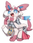 ambiguous_gender armor blue_body blue_fur blue_inner_ear blue_sclera blush blush_lines bow_(anatomy) cute_fangs fangs feral fur open_mouth paws pink_body pink_ears pink_fur pink_tail ribbons_(anatomy) simple_background solo tail teeth tongue white_background white_body white_eyes white_fur makotoo nintendo pokemon pokemon_unite knight_style_sylveon eeveelution generation_6_pokemon pokemon_(species) sylveon