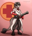 anthro barefoot claws clothed clothing coat cosplay costume eyewear feet glasses gloves handwear holding_object lab_coat male necktie red_cross simple_background solo standing tail toe_claws topwear thony_dog mythology team_fortress_2 valve medic_(team_fortress_2) canid canine dragon hybrid mammal mythological_creature mythological_scalie scalie hi_res